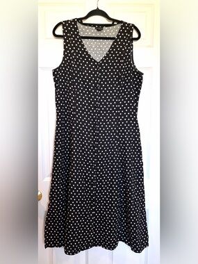 Tahari Black White Button Front Polka Dot Sleeveless Dress - Size L